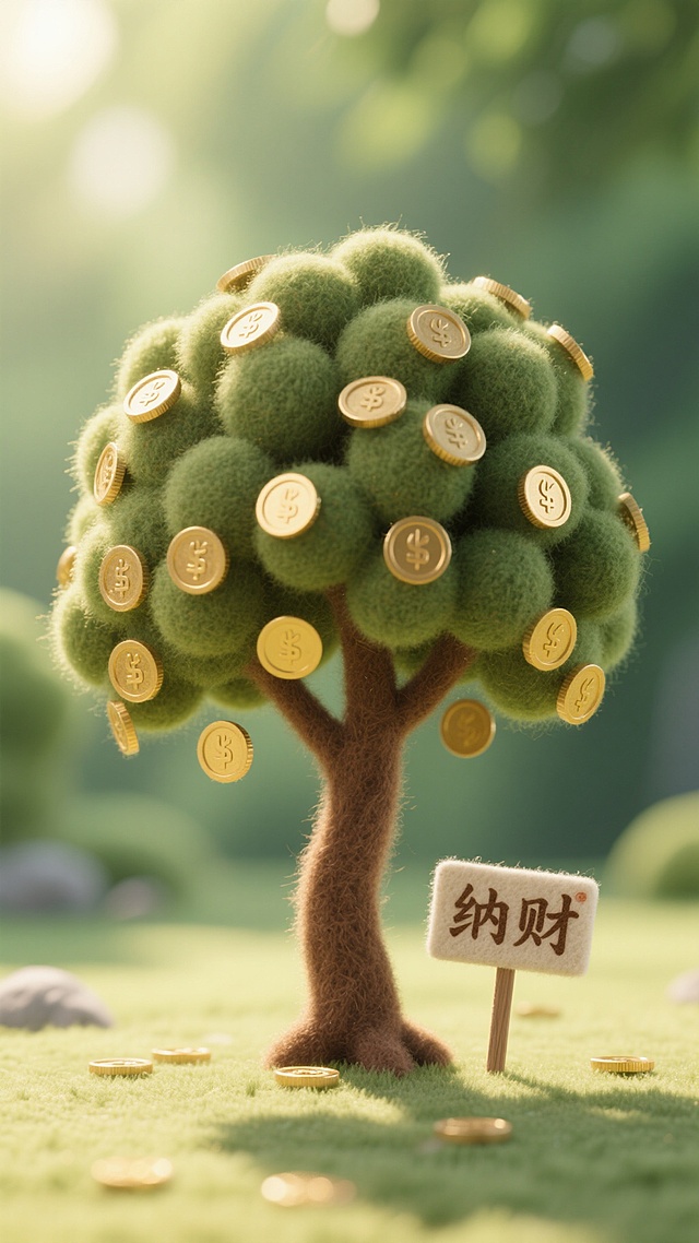 清新自然风格，画面中心是一棵生长极为茂盛的金钱树，它的每一片圆形叶子都幻化成了小小的金币，金币闪烁着柔和的光泽，仿佛在自然光的轻抚下微微晃动。在金钱树的枝干旁边，立着一个小巧精致的牌子，牌子上用古朴的字体写着“纳财”二字，字体颜色为深棕色，与整体清新风格相融合。柔和的自然光从画面的左上方均匀洒下，给金钱树和小牌子披上一层温暖的光晕，在地面上投射出淡淡的阴影。浅景深效果显著，金钱树和小牌子清晰锐利，背景则虚化模糊，呈现出一片淡淡的绿色，营造出清新宜人且充满财富象征意义的氛围。