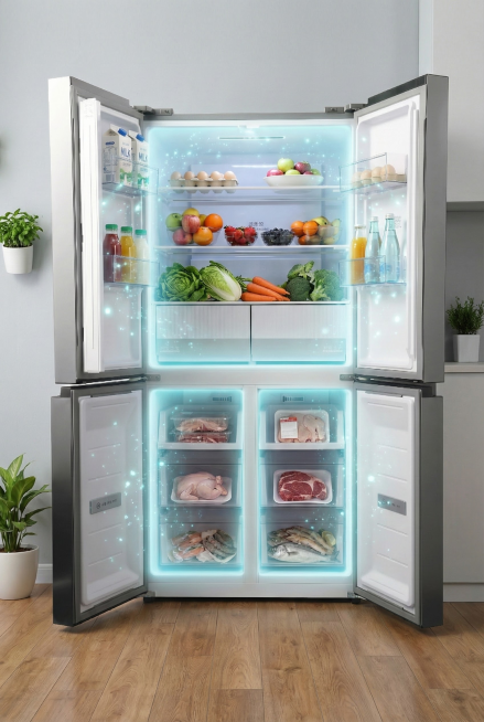 保持产品形态细节特征，添加一个简约的场景冰箱靠墙，为冰箱添加食物，带除菌效果示意，全空间除菌营造鲜净空间预览效果