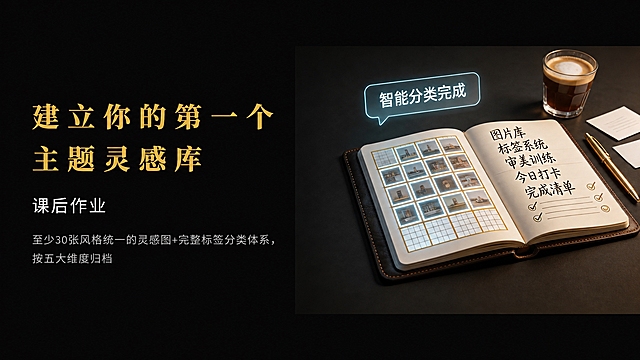 1920x1080横版设计图，纯黑色背景#0A0A0A。右侧配图区从X=880位置开始，宽度1050px，高度1080px，放置参考图（保持原图不变，不修改图片内容）。左侧文字区域：主标题为金色#D4AF37的「建立你的第一个主题灵感库」，使用思源宋体Bold字体，字号约72px，字间距60px；副标题为白色#FFFFFF的「课后作业」，使用思源黑体Regular字体，字号约40px；正文为浅灰色#B8B8B8的「至少30张风格统一的灵感图+完整标签分类体系，按五大维度归档」，使用思源黑体Light字体，字号约32px，行高1.6。整体排版简洁高级，左文右图布局，不要添加任何提示以外的文字内容。