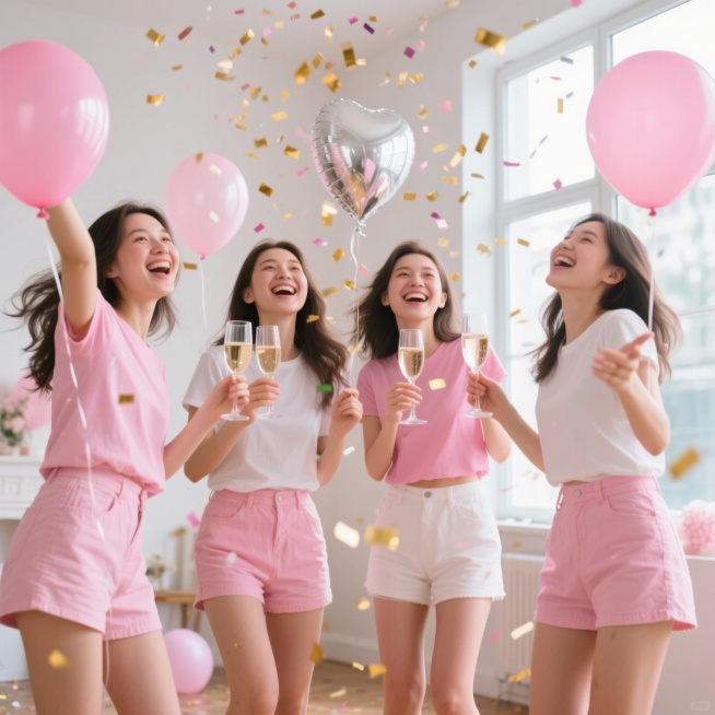 室内派对场景，四位年轻女性面带灿烂笑容，姿态活泼，手持香槟杯和透明银色、粉色气球，穿着粉色系与白色休闲上衣搭配短裤，空中飘落金色五彩纸屑，明亮自然光透过窗户洒入，整体呈现明亮欢快、充满活力的氛围，色彩以粉白为主色调，光影清晰柔和，构图饱满，人物表情生动自然，洋溢着青春喜悦的派对气息。预览效果