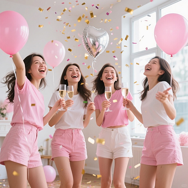 室内派对场景，四位年轻女性面带灿烂笑容，姿态活泼，手持香槟杯和透明银色、粉色气球，穿着粉色系与白色休闲上衣搭配短裤，空中飘落金色五彩纸屑，明亮自然光透过窗户洒入，整体呈现明亮欢快、充满活力的氛围，色彩以粉白为主色调，光影清晰柔和，构图饱满，人物表情生动自然，洋溢着青春喜悦的派对气息。