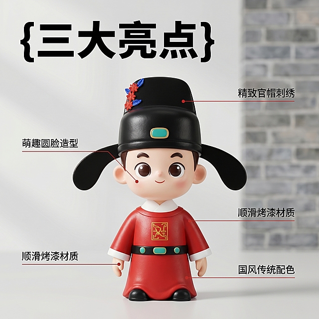 [主图 2] 国风状元摆件核心亮点展示图
[氛围/风格] 国潮风，清晰专业，产品质感突出。
[画面元素] 商业摄影质感、光线柔和通透、产品清晰真实、画面干净高级。保留原图状元摆件造型，以引线标注的方式展示核心亮点：萌趣圆脸造型、精致官帽刺绣、顺滑烤漆材质、国风传统配色，每个引线对应简短文字说明，背景保留淡中式建筑肌理。
[配色色系] 主色调：红黑国潮配色，背景青砖灰调，文字对比清晰。
[视角构图] 平视视角，主体居中，无边框满铺，一图多亮点布局清晰。
[文字版式] 主标题 {三大亮点} 位于顶部左对齐，黑色粗体最大号；三个亮点说明分别用极细引线连接对应部位，文字小号深色，不遮挡主体。
[比例分辨率] 1:1 比例，2k 分辨率；文字清晰可辨，超高清。
[负向提示词] 变形，水印，文字错乱，产品模糊，背景杂乱，引线粗大，遮挡主体