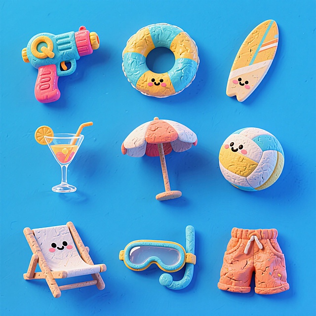 粘土风夏日海滩元素，可爱卡通设计，色彩鲜艳，充满童趣与活力。