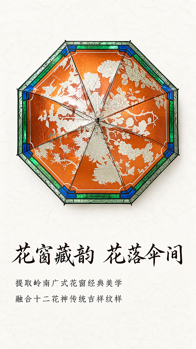 [第2屏] 设计灵感页，讲述广式花窗与十二花神的文化融合。本屏使用【图1】截取完整花窗边框做展示。[氛围/风格] 文化底蕴感，雅致中式风，图文排版更透气。[元素布局] 上三分之二放置完整的花伞边框全景，保持原绿蓝裂纹花窗格纹样不变，下三分之一预留文字区域讲解文化寓意，背景为米白色宣纸纹理。[光影质感] 均匀柔散光，突出伞面边框材质纹理，文字区域亮度均匀清晰。[配色色系] 全局底色#FCFAF8（米白）；主体保留原绿蓝配色；文字#2C2C2C。[视角构图] 上部分全景展示，下部分文字排版，信息层级更舒朗。[文字版式] 顶部大标题“花窗藏韵 花落伞间”深棕色书法字体；分两段文案：“提取岭南广式花窗经典美学”、“融合十二花神传统吉祥纹样”，每行一句话，行距宽松，宋体排版，左对齐，文字清晰不拥挤。[比例分辨率] 9:16竖版，4K分辨率，文字清晰。[负向提示词] 纹理变形，颜色偏差，文字模糊，排版错乱，水印。