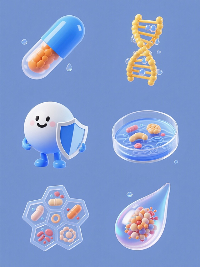 六个完全不同的益生菌主题元素规整排布在纯色背景上，每个元素均采用3D卡通风格，保持明亮通透的蓝白渐变色调、圆润光滑的边缘处理、半透明液体质感及悬浮水滴效果。元素包括：1. 蓝色胶囊外壳包裹橙色菌群内核的益生菌胶囊，表面有流线型光泽；2. 螺旋状DNA链环绕黄色活性菌群的分子结构模型；3. 微笑表情的拟人化益生菌球体，手持微型盾牌；4. 培养皿造型容器中漂浮的菌群群落，底部有波纹状液体；5. 六边形