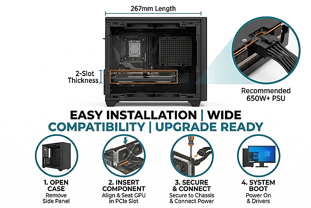 保持画面内容不变，调整为970*600像素尺寸，Compatibility and installation guide, simplified PC case with dimension labels "267mm Length | 2-Slot Thickness", close-up of 8-pin power connector with text "Recommended 650W+ PSU", step-by-step installation icons, clean white background, text overlay: "Easy Installation | Wide Compatibility | Upgrade Ready".
