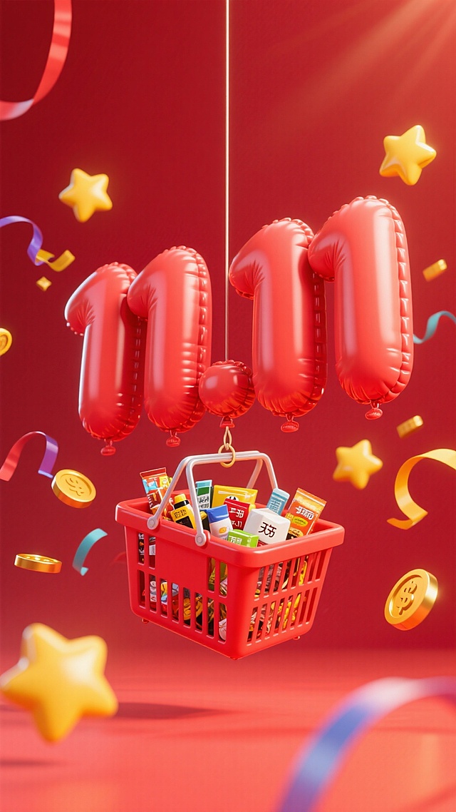 3D重拟物风格，充气数字“11.11”悬吊购物篮，满载商品，金星彩带环绕，喜庆氛围浓厚，呼应双11购物节。