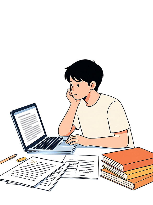 保持参考图的简约扁平插画风格，生成一幅男生大学生学习的插画，更换姿势为不同的学习动作，和上一张姿势不同，无背景，只有主体插画，风格保持一致，线条干净，配色清新，男生大学生正在学习