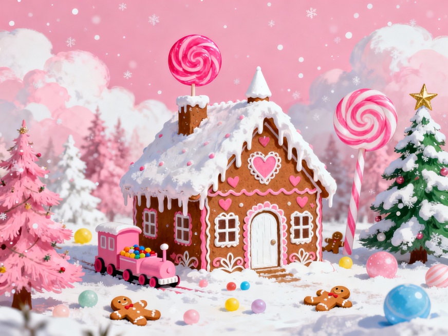 梦幻般的粉红色圣诞节姜饼屋场景，中心是棕色姜饼屋，屋顶覆盖厚厚的白色糖霜，边缘垂下糖霜，屋顶有巨大粉红色棒棒糖和小巧白色尖顶烟囱，墙壁用粉红色和白色糖霜装饰心形图案、花纹、窗户和门框轮廓，门和窗户为白预览效果