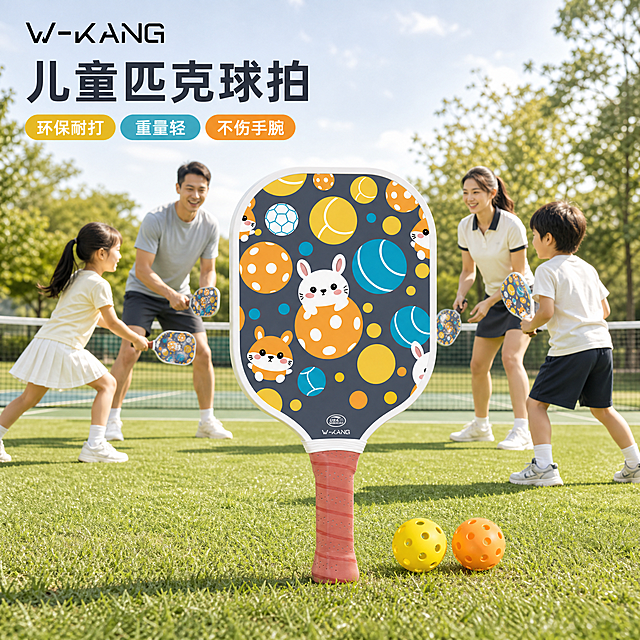 [主图-1] 儿童匹克球拍全家开心运动场景首图
[氛围风格] 匹克球场景治愈风，全家欢乐运动和谐氛围
[画质] 商业摄影质感、光线柔和通透、产品清晰真实、画面干净高级
[元素] 儿童匹克球拍（兔兔款）居中展示，搭配两个黄橙匹克球，背景为户外草坪公园治愈场景，爸爸妈妈和小朋友开心玩匹克球，商品主体占比60%-70%，画面满屏无边框，保持产品外观物理结构材质颜色与输入产品图绝对一致，杜绝任何变形和色差，精细化处理。左上角保留原产品W-KANG品牌logo，不遮挡产品主体
[光影] 白天自然光，柔和均匀，整体明亮通透，产品清晰突出
[配色] 主色调为灰藏青、橙黄、浅蓝，和产品原有配色保持统一，搭配户外草坪绿色
[视角构图] 平视角度，产品清晰完整，前景人物互动，景深适中，产品轮廓完整不裁切
[文字版式] 左上安全区左对齐，大字主文案“儿童匹克球拍”最大粗体，下方三个卖点标签分别是“环保耐打”、“重量轻”、“不伤手腕”，文字颜色和背景形成强对比，清晰易读，不遮挡主体
[比例分辨率] 1:1 比例，2k分辨率，文字清晰可辨，超高清
[负向提示词] 变形，水印，文字错乱，产品图模糊，背景杂乱
