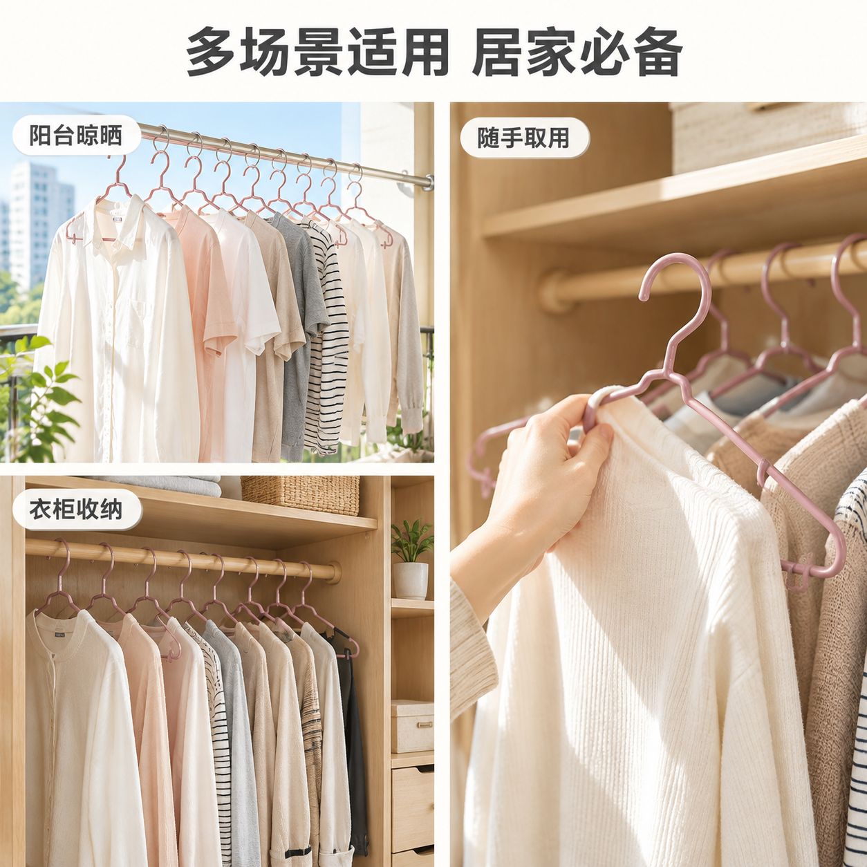 [主图-4] 真实使用场景图，展示衣架在阳台晾晒与衣柜收纳中的… - 图片创意预览