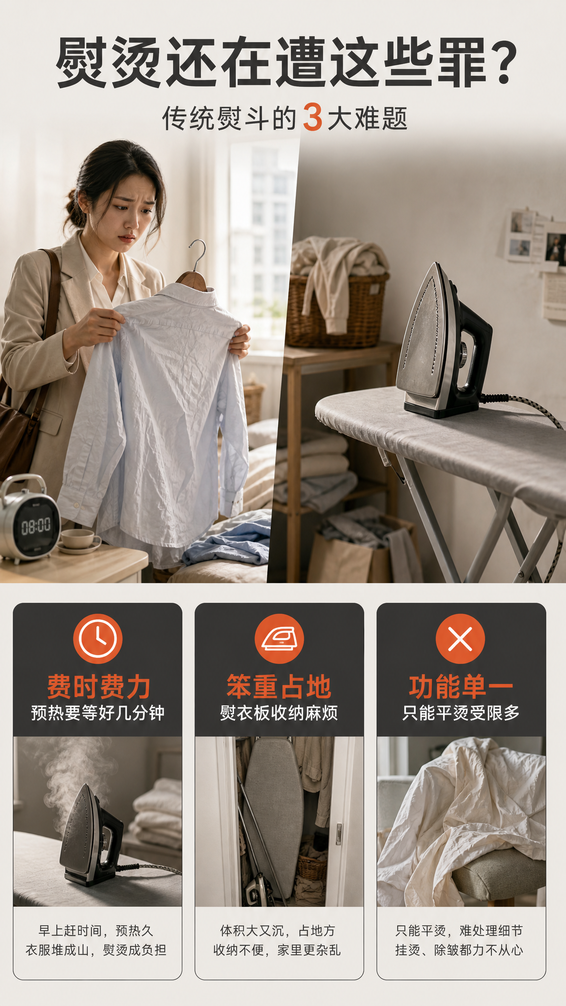 [第2张] 详情页痛点直击页-传统熨烫困扰场景。本张为痛点页，… - 图片创意预览
