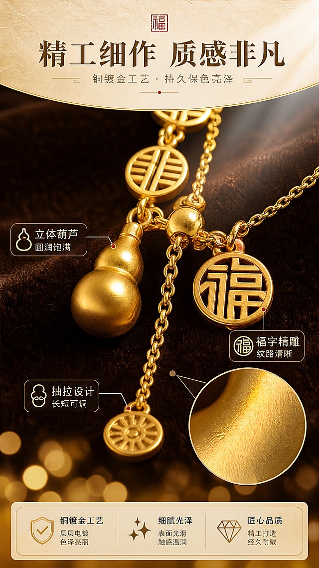 [商品] 使用【图1】福禄满满项链；重点保留葫芦吊坠的立体造型、福字圆牌的文字细节、链条的编织纹理、电镀金的细腻光泽；微距放大展示，增强金属质感与光影层次，去除背景。
[画面] 第3张·细节质感，目标展现精湛工艺与材质细节。竖版构图，采用微距特写视角，葫芦吊坠位于画面中心偏左，占画面40%，旁边放大展示福字圆牌的文字细节与链条衔接处。背景为深棕色丝绒质感，底部有金色光斑散景，右上角有一束聚光灯打在吊坠上，形成明亮的金属高光，凸显葫芦的圆润立体感与福字的清晰纹路。画面右下角放置放大镜效果圆圈，展示电镀层的细腻质感。
[视觉] 套系策略：风格=东方雅致轻奢珠宝商业摄影；标题字=宋体衬线粗体（新中式风格）；正文字=简洁无衬线体；主色=暖金色+米杏色；背景延展=基于米杏色做深浅渐变、宣纸纹理、柔光晕染；强调色=朱砂红，仅用于小面积图标、引线、印章点缀；标题色=深棕金；正文色=暖灰褐；组件=圆角金线信息卡、细金线引线、朱砂红印章图标；光影=左前侧45度暖柔光，金属表面形成清晰高光带，底部柔和投影。
[文字] 画面上方主标题"精工细作 质感非凡"，副标题"铜镀金工艺 · 持久保色亮泽"，下方3个工艺卖点配图标引线指向对应部位：「立体葫芦 圆润饱满」指向吊坠、「福字精雕 纹路清晰」指向福字牌、「抽拉设计 长短可调」指向链尾。文字区位于画面上下部，不遮挡产品核心细节。
[规格] 图片比例9:16竖版，4K，避免变形、错字、文字过小、冷蓝背景、颜色改变、结构失真、绝对化用语。