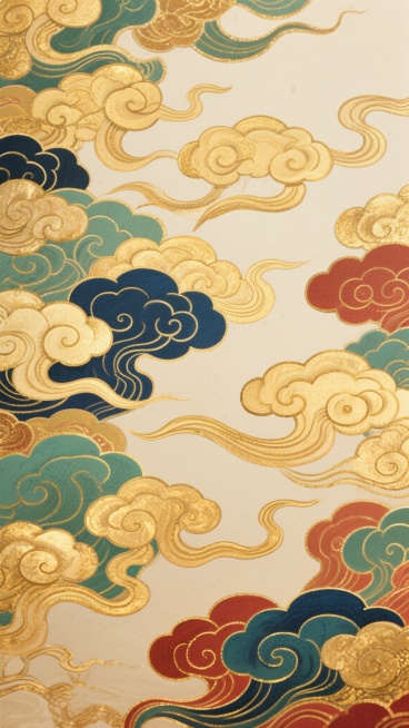 一幅充满国潮风格的背景图，画面中是大量飘逸灵动、形态各异的祥云纹样，祥云以金色为主色调，辅以深蓝、翠绿、赭石红等传统色彩，色彩搭配和谐且富有层次感。祥云的线条流畅婉转，呈现出卷曲、翻涌的动态感，仿佛在轻柔地流动。整体采用类似工笔重彩的数字绘画风格，笔触细腻，祥云边缘有精致的描金勾勒，细节丰富，具有浓厚的东方古典韵味和华丽的视觉效果。背景为柔和的米黄色，使得色彩绚烂的祥云更加突出，整体营造出祥瑞……预览效果