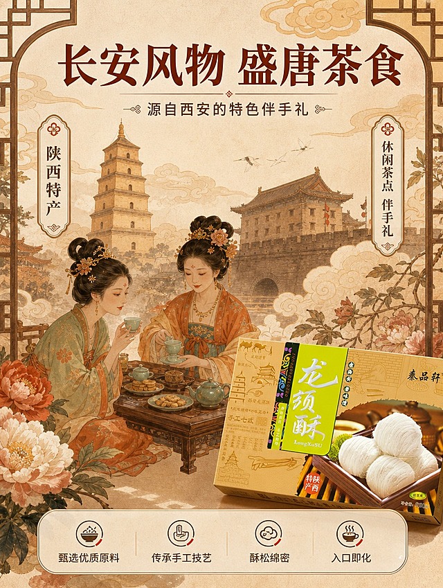 [商品] 使用【图1】龙须酥盒装作为产品露出；保留包装盒所有外观、颜色、文字与图案；不修改产品外观、不重绘、不调色；产品仅作辅助展示，占画面约25%。
[画面] 目标：长安风物盛唐茶食，讲西安地域文化与伴手礼属性。构图：上标题，中部唐风场景插画 + 产品，底部文案；背景为浅米色宣纸质感，绘有唐风建筑（大雁塔、古城墙）、祥云、牡丹等国潮元素；两位唐代仕女围坐品茶的插画场景，营造盛唐茶食氛围；产品盒放置于画面右下侧，融入场景；前景有中式窗格线条装饰。
[视觉] 套系策略：风格=国潮唐风中式传统糕点商业摄影；标题字=商用免费书法宋体粗体（思源宋体 Heavy）；正文字=商用免费无衬线体（思源黑体 Regular）；主色=暖木棕 + 米杏色；背景延展=基于米杏色做深浅层级、宣纸纹理、同色渐变；强调色=朱红色，仅用于小面积图标、印章、标签和引线；标题色=深棕红；正文色=深棕灰；组件=圆角米白底信息卡、细线引线、中式印章图标；光影=左前侧暖柔光，柔和自然阴影。
[文字] 顶部居中主标题'长安风物 盛唐茶食'，副标题'源自西安的特色伴手礼'；中部左右两个竖排标签框（文字横排）：左'陕西特产'，右'休闲茶点 伴手礼'；底部说明文案'甄选优质原料 传承手工技艺 酥松绵密 入口即化'；所有文字横排。
[规格] 图片比例3:4竖版，4K分辨率，负向提示：避免变形、错字、文字过小、冷蓝背景、产品颜色改变、包装文字错乱、绝对化用语、医疗功效宣传。