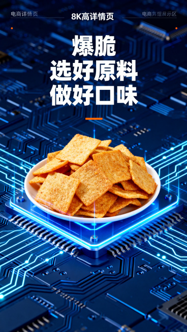 酥酥八爪烧烧烤味膨化零食电商详情页，深蓝色电路板科技科幻风格，产品卖点展示区，突出"爆脆 选好原料 做好口味"卖点，科技感排版，高饱和度视觉冲击力强，8K高清预览效果