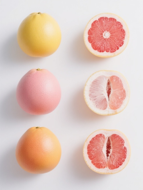 6个不同品种的柚子以规整网格排布，每个柚子展示其独特的果皮颜色（如黄色、粉色、橙色等）和果肉纹理（如红色、白色、粉色等），部分柚子呈现完整形态，部分被切开露出内部果肉结构，所有元素采用超写实摄影风格，具有清晰的细节纹理、自然的光影过渡和柔和的阴影效果，整体造型简约现代，置于纯白色纯色背景上，无任何文字、logo或水印。预览效果