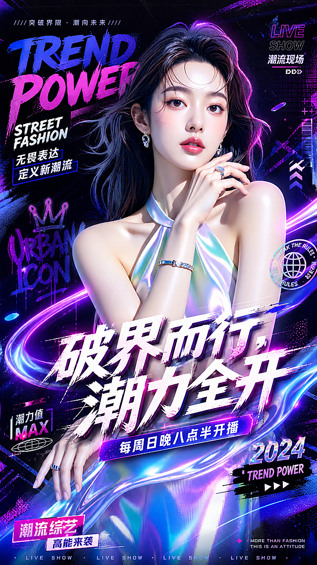 使用图中人物生成炫酷潮流人物海报，主文案为"破界而行，潮力全开"，副标题文案为"每周日晚八点半开播"，补充潮流时尚相关辅助文案，街头潮人风格设计，保持人物形象，整体视觉炫酷，排版精致