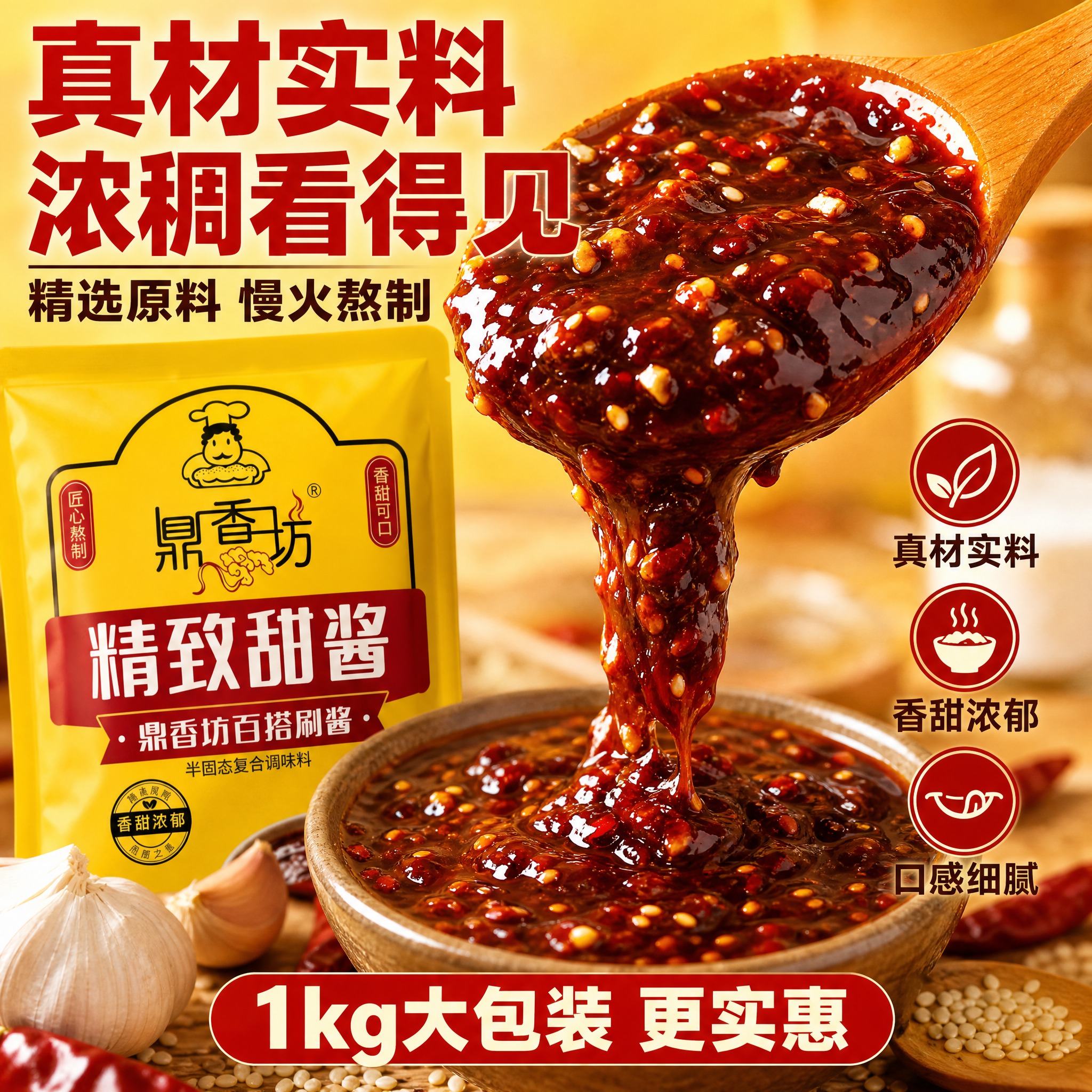 [主图-3] 细节微距图，展示甜酱质地浓稠与原料细节，拼多多风… - 图片创意预览
