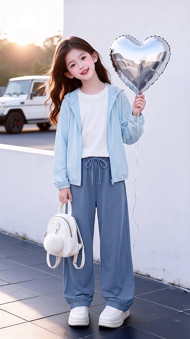 用图1的纯棉短袖和连帽外套以及裤子替换图的2的人物穿的衣服裤子，保留原场景光影，保持图2的人物的五官和发型不变，图片宽高尺寸不变，背景不变，鞋子不变，人物姿势不变，保持图1的纯棉短袖和连帽外套以及裤子的款式材质不变和颜色不变