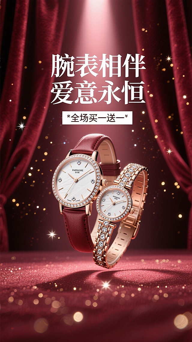 海报采用深邃的勃艮第酒红色背景，犹如天鹅绒幕布。画面中央，一道光束打下，聚焦于一对优雅交叉的男女款奢华腕表。表盘上的钻石与金属细节在光线下熠熠生辉，仿佛悬浮于璀璨星河之中。背景中若隐若现的金色光斑，如同繁星点点。
白色的主标题“腕表相伴 爱意永恒”采用纤细优雅的衬线字体，悬浮于手表上方，与副标题“全场买一送一”形成大小和字重的对比，整体感觉高端、浪漫且充满仪式感。