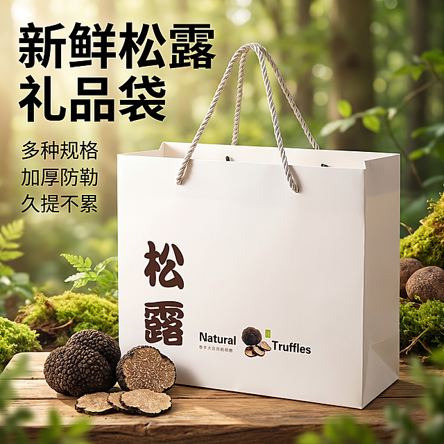 [主图 1] 新鲜松露礼品袋产品首图。[氛围风格] 温馨大自然治愈风，天然质感。[画质] 商业摄影质感、光线柔和通透、产品清晰真实、画面干净高级。[元素] 新鲜松露礼品袋居中饱满展示，旁边搭配真实新鲜松露实物作为点缀，背景融入朦胧森林绿植元素，营造自然氛围感。保持松露礼品袋外观（物理结构、材质质感、颜色）与输入参考图一致，杜绝任何变形和色差，精细化处理。商品主体占比严格控制在 60%-80% 之间，画面满铺无边框。[光影] 自然柔和的森林漫射光，通透不灰蒙，光影层次丰富，突出产品的质感。[配色] 主色调白色，辅助自然绿色和松露深棕色，清新治愈。[视角构图] 四分之三平视，礼品袋为视觉中心，景深适中，产品轮廓完整不裁切。[文字版式] 左上负空间左对齐留安全边距，主副标题展示核心信息。主标题 "新鲜松露 礼品袋" 黑色最大号粗体无衬线；副标题分三行展示卖点：多种规格 加厚防勒 久提不累，每个卖点约一半主标题大小，同色系，排列整齐清晰。文字与背景对比强烈，清晰易读。[比例分辨率] 1:1 比例，2k 分辨率；文字清晰锐利，画面超高清。[负向提示词] 变形，水印，文字错乱，产品图模糊，背景杂乱，文字遮挡产品主体。