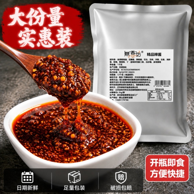 [主图1] 首图｜高点击率：大份量实惠装+开瓶即食场景
[氛围风格] 拼多多合规风格——大字清晰、食欲感强、生活实拍；深灰石纹台面背景，突出辣酱油润质感与颗粒细节。
[画质] 商业高清摄影, 微距呈现预览效果