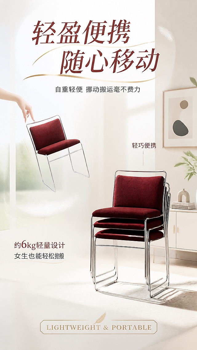 [第6张] 轻便易搬页-椅子自重轻便，挪动搬运毫不费力场景演示。本张使用【图1】作为商品主体，保持椅子结构比例、材质颜色完全一致。
[氛围/风格] 轻盈灵动风格，现代简约家居场景，轻松愉悦氛围，商业摄影质感。
[元素布局] 画面展示多把椅子轻盈堆叠或移动的场景，主椅子置于画面右侧，占比约40%；左侧为轻盈的羽毛、云朵等轻盈意象图形，或展示手指轻松拎起椅子的示意（无人物，仅手部特写+椅子）；背景为明亮通透的现代家居空间，有大落地窗、浅色地板、简约装饰画、绿植等元素；画面有流动的轻盈线条表现轻便感。
[光影质感] 大面积自然光从左侧窗户照入，明亮通透，椅子投影轻盈柔和，整体画面干净明亮。
[配色色系] 全局底色米白色；主色电镀银、酒红；辅助色浅灰、米白、淡金；点缀色薄荷绿。
[视角构图] 45°斜侧平视，椅子在右，轻盈元素在左，阅读动线从左至右。
[文字版式] 顶部主标题艺术字「轻盈便携 随心移动」使用飘逸流线型艺术字，带轻盈动感效果；副标题「自重轻便 挪动搬运毫不费力」；中部左侧轻盈意象图配文字「约6kg轻量设计」「女生也能轻松搬」；右侧椅子图配引线标注「轻巧便携」；底部金色标签「LIGHTWEIGHT & PORTABLE」；文字不遮挡椅子主体。
[比例分辨率] 9:16竖版比例，4K分辨率，文字清晰可辨，高清画质。
[负向提示词] 椅子变形，结构错误，颜色偏差，缺件错件，水印，文字错乱，文字过小，产品图模糊，背景杂乱，出现人物全身。