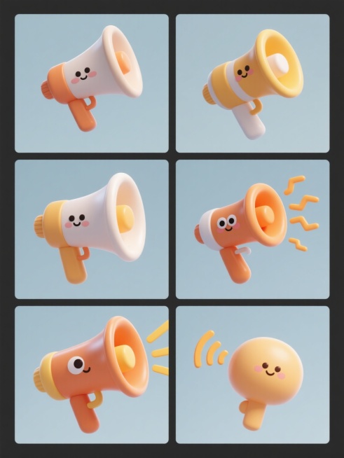 一套6张的系列素材集合，每张素材均为规整排布的单一元素图案，风格简约现代，采用纯色背景，无任何文字、logo及水印。核心元素为造型各异的卡通风格喇叭，保持3D立体效果，表面光滑圆润，带有柔和高光与轻微阴影，具有Q版可爱的特征，如圆形或椭圆形的眼睛、简洁的表情线条，以及从喇叭口发出的橙黄色声波图案；每张素材中的喇叭在造型设计（如喇叭口形状、手柄样式、整体比例）和颜色搭配（主体颜色及喇叭口、手柄、……预览效果