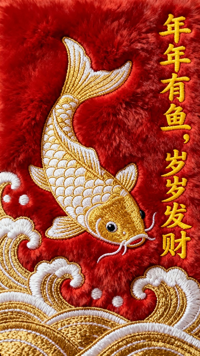 红绒底金线绣锦鲤，浪花托 “年年有鱼，岁岁发财”，喜庆招财