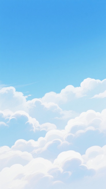 一张呈现清澈明亮蓝天背景的插画，天空由上至下呈现从纯净湛蓝到柔和浅蓝的自然渐变，画面下方分布着形态蓬松、边缘柔和的白色积云，云朵具有轻盈的半透明感和细腻的层次变化，整体氛围宁静、开阔、充满阳光感，色彩和谐统一，给人以轻松愉悦的视觉感受。预览效果