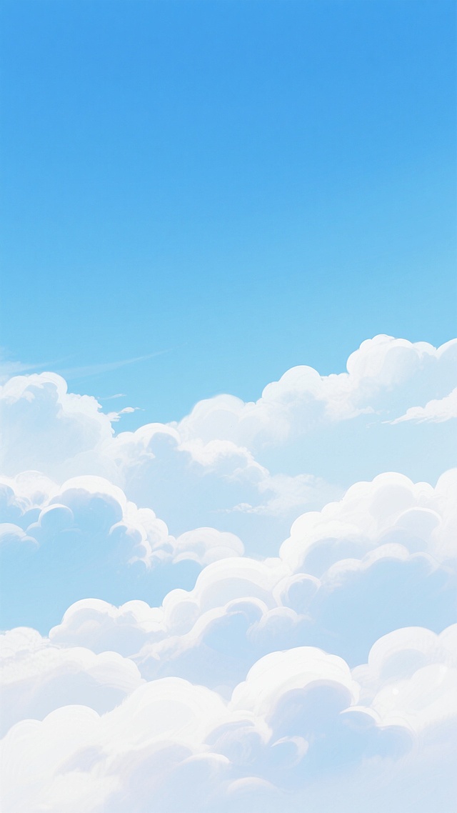 一张呈现清澈明亮蓝天背景的插画，天空由上至下呈现从纯净湛蓝到柔和浅蓝的自然渐变，画面下方分布着形态蓬松、边缘柔和的白色积云，云朵具有轻盈的半透明感和细腻的层次变化，整体氛围宁静、开阔、充满阳光感，色彩和谐统一，给人以轻松愉悦的视觉感受。