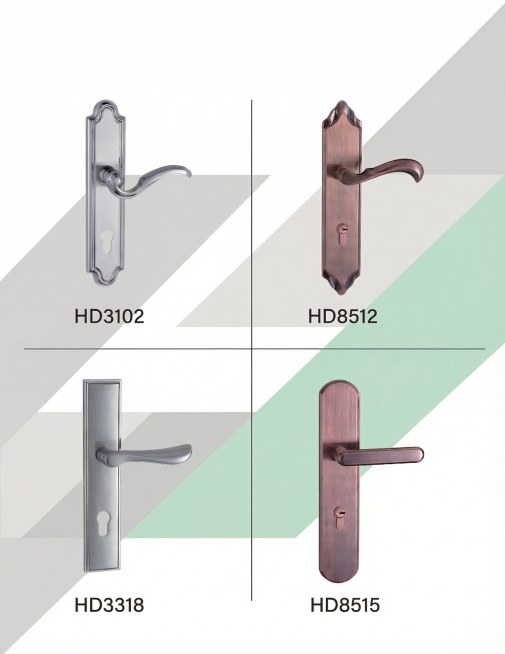 基于原图，取消左上角的'LEVER LOCK'文字，其余内容（四款门锁产品HD3102、HD8512、HD3318、HD8515及其布局、背景色块与分隔线）保持不变，确保整体排版清晰专业预览效果