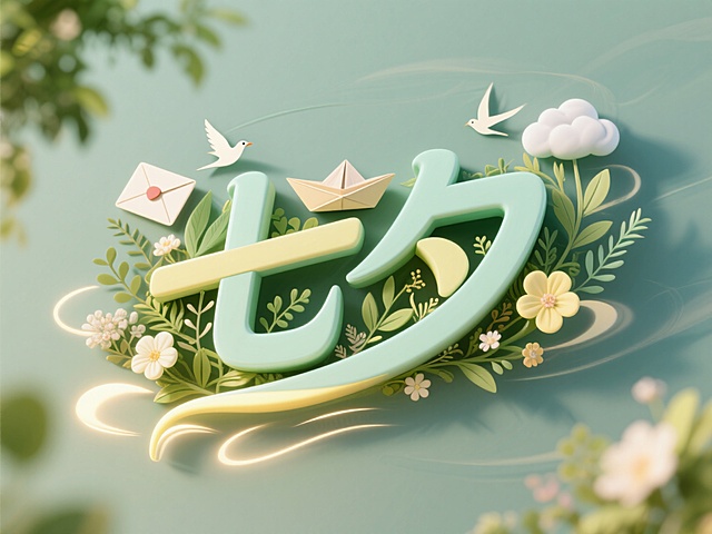 横向文字"七夕"。创意字体设计，点缀书信、纸船、云朵、飞鸟元素，线条流畅，高级感，薄荷绿 + 浅黄（自然）配色，艺术字+ 花纹，字下方加浅色发光阴影，增强立体感。整体向右倾斜 10°，模拟风吹动的动态。森系风格，字体由植物和花朵组成。