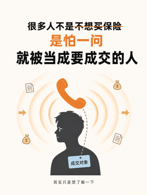 竖版小红书海报，3:4比例，插画+符号隐喻风格。背景是大面积米白色#FDF8F3留白，画面上方约占35%区域居中排列文字，第一行"很多人不是不想买保险"大号黑色粗体字，其中"不想买保险"添加删除线效果预览效果