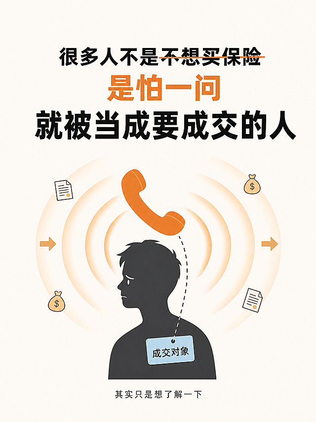 竖版小红书海报，3:4比例，插画+符号隐喻风格。背景是大面积米白色#FDF8F3留白，画面上方约占35%区域居中排列文字，第一行"很多人不是不想买保险"大号黑色粗体字，其中"不想买保险"添加删除线效果，第二行字号稍大橙色粗体字"是怕一问"，第三行最大号黑色加粗字"就被当成要成交的人"，字间距适中有呼吸感。画面中央偏下是核心视觉元素，简洁深灰色人物侧面肩部以上剪影，表情无奈轻微皱眉，头部上方悬着一个巨大橙色电话听筒图标，正在发出扩散的同心圆弧线声波，声波是渐变橙色由深变浅向外扩散。人物胸口贴着一个淡蓝色底矩形标签，形状像超市商品价格标签，标签上写着黑色小字"成交对象"，一条虚线连接标签和电话听筒。最外圈声波处散落金币💰、合同📄、箭头➡️三个小图标象征推销压力。画面底部添加小字"其实只是想了解一下"。整体色调米白背景、橙色听筒、淡蓝色标签、深灰色人物，克制不夸张，隐喻精准，引发共鸣，扁平插画风格，构图精简整洁，排版精美，3:4竖版