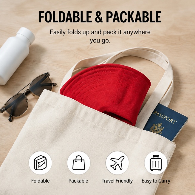 红色渔夫帽可折叠便携性展示，帽子放在帆布包中，文字信息：FOLDABLE & PACKABLE，Easily folds up and pack it anywhere you go，Foldable预览效果