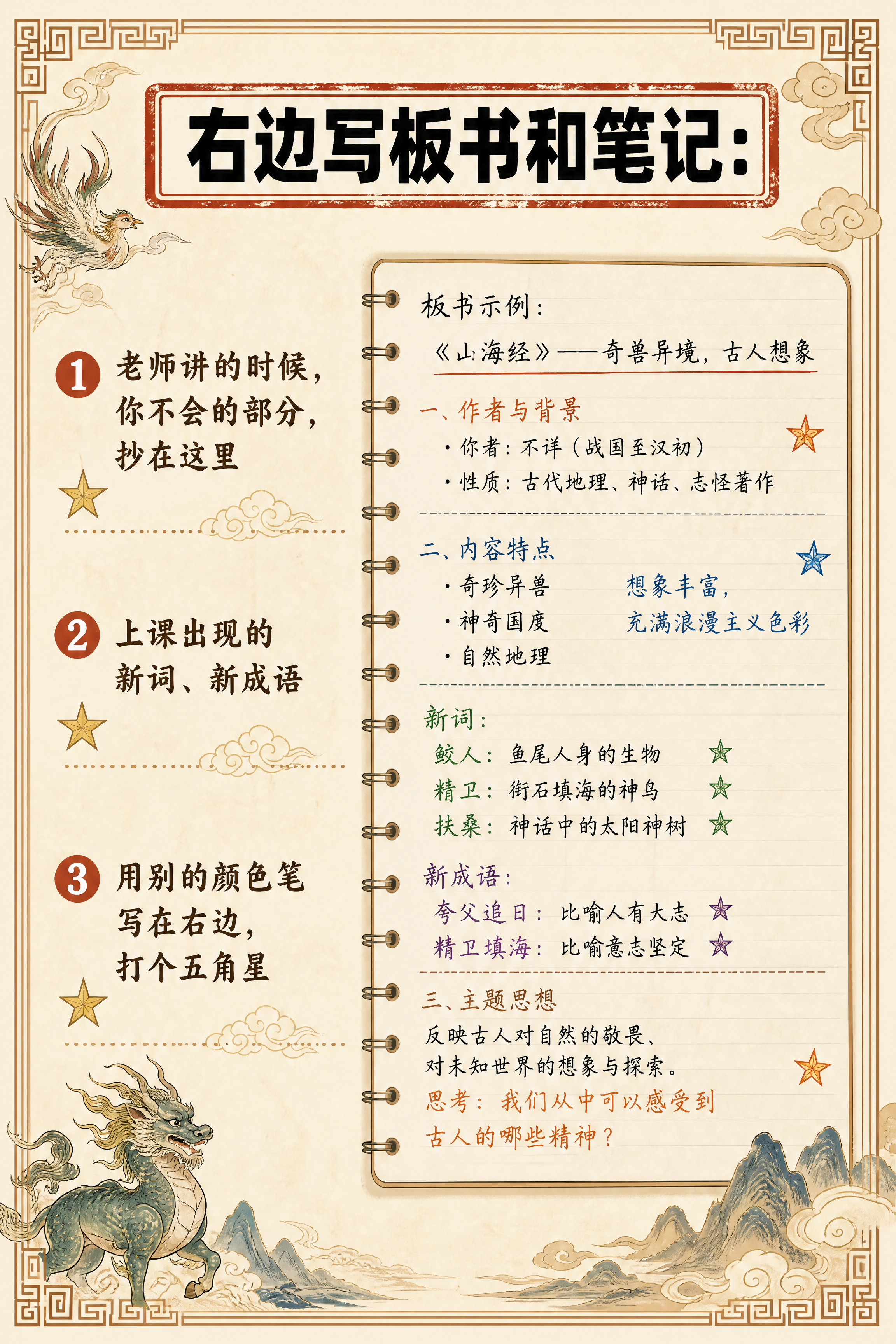 小红书笔记内页，右边写什么示例，国风山海经风格，米黄色宣纸纹理… - 图片创意预览