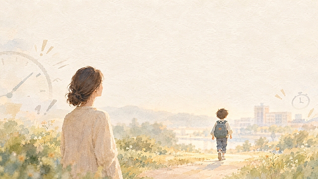 16:9横版公众号封面，质感水彩插画风格，自带柔和纸张肌理质感，暖调柔光滤镜效果。整体采用低饱和莫兰迪色系，画面远景虚化模糊处理，隐约可见急促的时钟线条、细碎的催促符号作为背景元素，近景干净通透，一位家长温柔伫立，静静看着前方稳步前行的孩子，没有追赶、没有催促的姿态。笔触松弛轻柔，画面干净通透，上半区超大留白专供标题排版，底部预留安全区，画面中无任何文字。整体氛围安静治愈，传递松弛育儿、放下焦虑、尊重孩子成长节奏的核心主题。