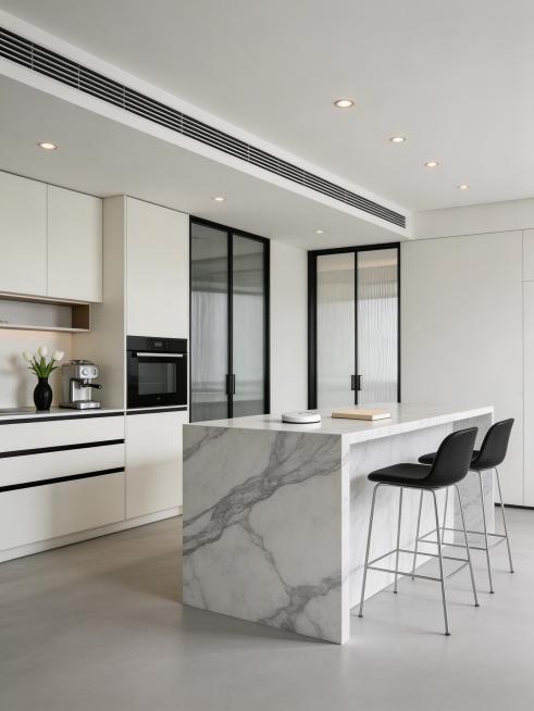 超写实室内空间商业摄影，8K超清高细节，广角平视视角，画面焦点清晰，景深自然，完整呈现现代极简风开放式餐厨一体空间，整体干净整洁，极致简约无冗余装饰，还原真实家居的高级通透质感。整体色彩以纯净奶白色、预览效果