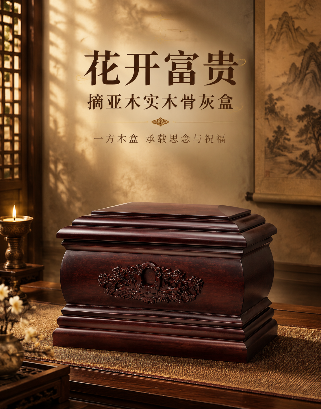 [主图-1] 产品主视觉首图（竖版），展示花开富贵摘亚木实木骨… - 图片创意预览