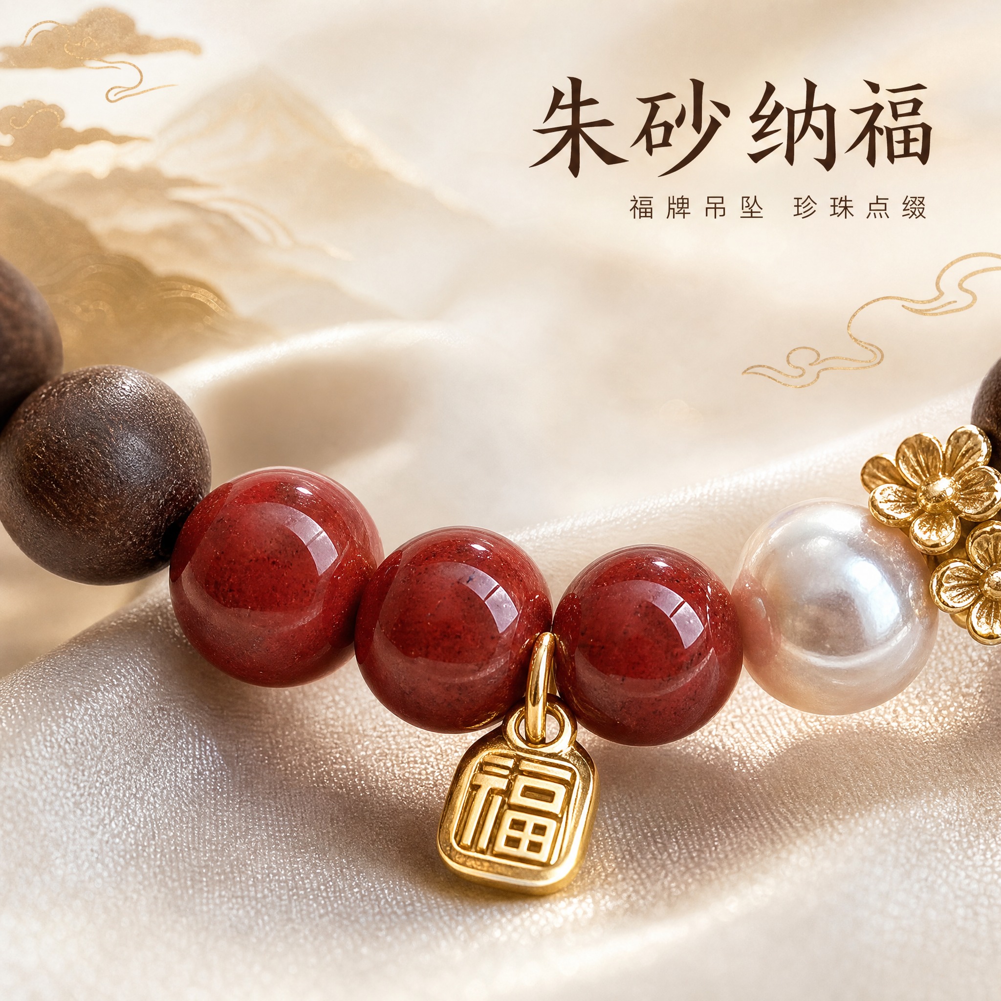 [主图-3] 细节展示，微距特写朱砂福牌与珍珠金饰配件，突出工… - 图片创意预览