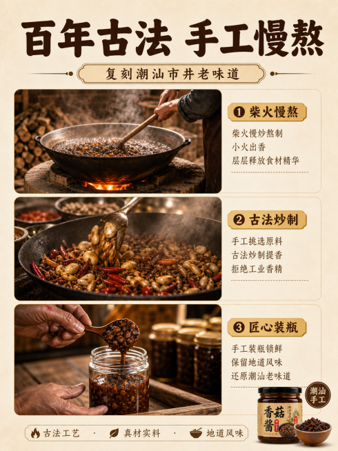 [第2屏] 核心工艺展示，潮汕古法手工慢熬工艺。
[氛围/风格] 传统手工烟火氛围，质朴温暖，真实食材质感。
[元素布局] 上半部分主标题区，下半部分三格纵向排列展示柴火慢熬、原料炒制、装瓶三个工艺步预览效果