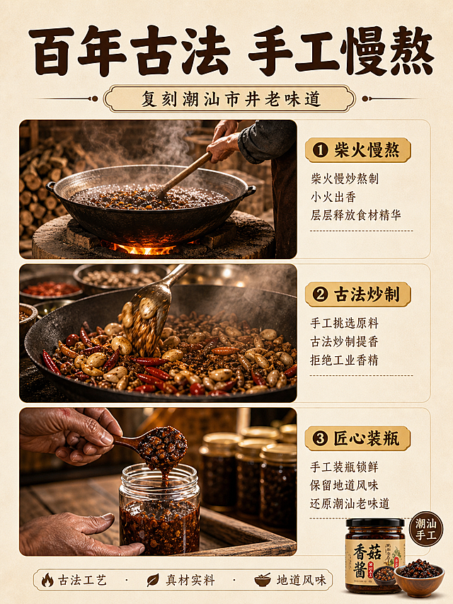 [第2屏] 核心工艺展示，潮汕古法手工慢熬工艺。
[氛围/风格] 传统手工烟火氛围，质朴温暖，真实食材质感。
[元素布局] 上半部分主标题区，下半部分三格纵向排列展示柴火慢熬、原料炒制、装瓶三个工艺步骤，每一步配实景小图，产品小图标注右下角，不抢主视觉。
[光影质感] 暖光漫射，每个工艺环节光影清晰，整体温暖通透。
[配色色系] 全局底色 #F5F0E6；主色深棕，辅助色木色暖黄。
[视角构图] 从上到下阅读，三图均分纵向版式，信息层级清晰。
[文字版式] 顶部主标题「百年古法 手工慢熬」，副标题「复刻潮汕市井老味道」；每个步骤配短句说明：柴火慢炒熬制、拒绝工业香精、还原地道风味；圆角深棕字体，步骤标签用浅黄底块衬托，文字清晰不拥挤。
[比例分辨率] 3:4竖版比例，4K分辨率，文字清晰可辨，高清画质。
[负向提示词] 文字错乱，背景杂乱，颜色偏差，产品变形，虚假场景