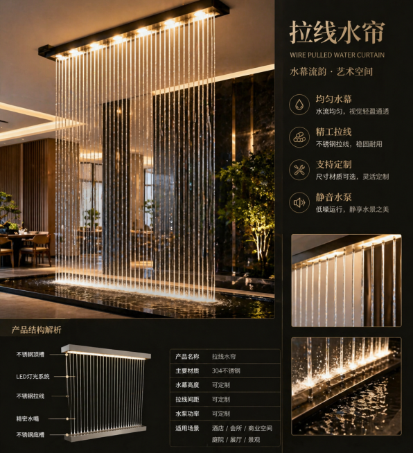 展示拉线水帘产品，风格高端大气，适合详情页展示，清晰呈现拉线水帘的结构和水幕效果，现代室内景观设计，精致工艺，高清画质，比例合适预览效果