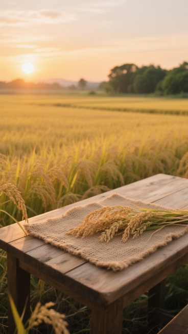 在广阔无垠的金色稻田中，夕阳的暖光洒满天际，天空呈现出柔和的橙黄色调，远处是模糊的绿色树木轮廓。前景中，一张质朴的木质长桌上铺着一块编织纹理清晰的浅棕色麻布餐垫，成熟的稻穗低垂着，稻芒在阳光下闪烁，微风拂过，稻浪轻轻摇曳，营造出宁静、丰收且充满自然气息的田园氛围，整体画面采用写实风格，光影层次丰富，色彩温暖和谐，构图以稻田为主体，前景的木桌和餐垫形成视觉焦点，引导视线延伸至远方的地平线。预览效果