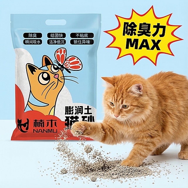 这张图片中的产品是猫砂，我在拼多多做这款产品，请帮我设计10张主图与猫砂相关的以我的产品为原型去设计