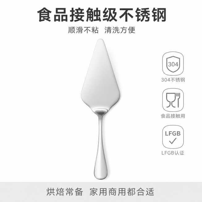 [主图-5] 不锈钢蛋糕铲安全认证权益图。氛围风格：简洁可信，突出安全安心。画质：商业棚拍，清晰干净，可信度高。元素：不锈钢蛋糕铲放在纯白背景中心，旁边展示食品接触用安全认证标识缩略图，整体简洁大方。预览效果
