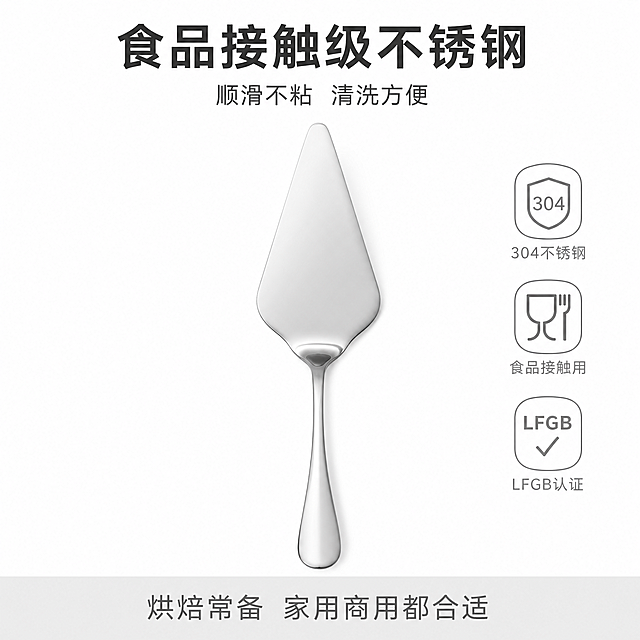 [主图-5] 不锈钢蛋糕铲安全认证权益图。氛围风格：简洁可信，突出安全安心。画质：商业棚拍，清晰干净，可信度高。元素：不锈钢蛋糕铲放在纯白背景中心，旁边展示食品接触用安全认证标识缩略图，整体简洁大方。保持蛋糕铲外观和输入产品图一致，无变形色差。光影：均匀棚拍柔光，充分展示金属质感，无反光干扰，明暗过渡自然。配色：纯白背景，银色产品，浅灰色认证标识，简洁干净。视角构图：产品居中，完整展示，留白充足。文字版式：产品上方大字写「食品接触级不锈钢」，下方标注「顺滑不粘 清洗方便」，底部浅灰色块写「烘焙常备 家用商用都合适」，文字排版清晰，不遮挡产品。比例分辨率：1:1比例，2048*2048，分辨率2K，文字清晰可辨，超高清。负向提示词：变形，水印，文字错乱，产品图模糊，背景杂乱，文字遮挡主体。