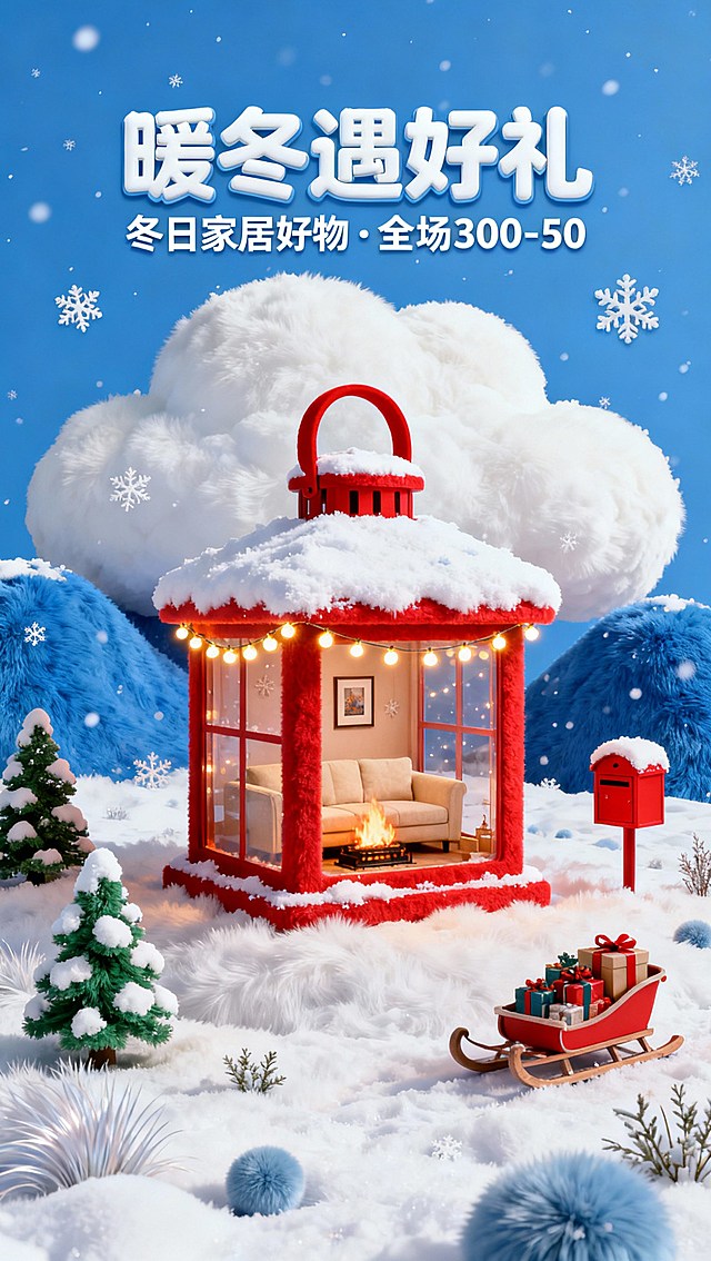 主体为红色灯笼造型小屋（屋顶积雪、红色提手，内部设米色沙发、燃火壁炉、装饰画，外围环绕暖黄串灯）；场景是飘雪的雪地，分布带雪绿松、红色信箱、载满礼物的雪橇；上方3D白色卡通字体设计的主副标题组合“暖冬遇好礼 ”+“冬日家居好物·全场300-50”，蓝色背景。